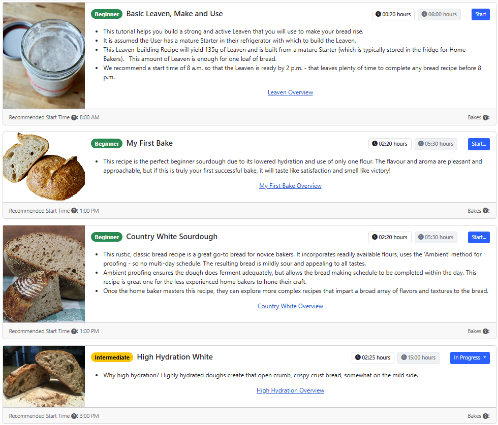 Sample Sourjoe recipe list showing Beginner and Intermediate recipes